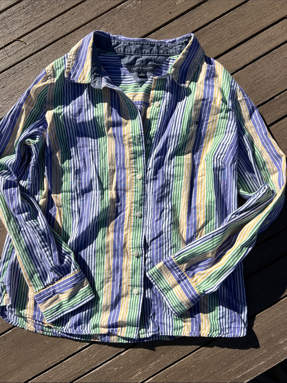Tommy Hilfiger Men’s Multicolor Striped Button-Down Shirt - Blue, Green, Yellow